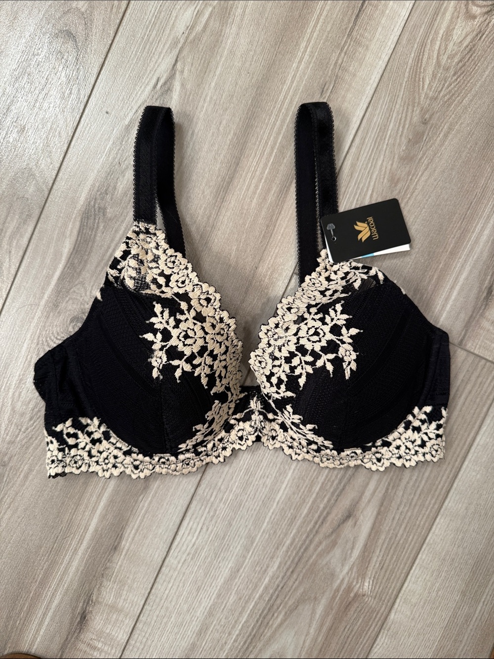Wacoal Black Bra with Cream Floral Lace